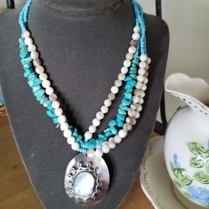 Turquoise Pearl and Gray Statement Necklace #206